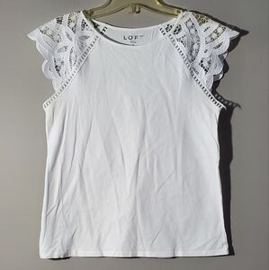 Small LOFT White Lace Cap Sleeves Women's Crewneck Short Sleeve Tshirt Top